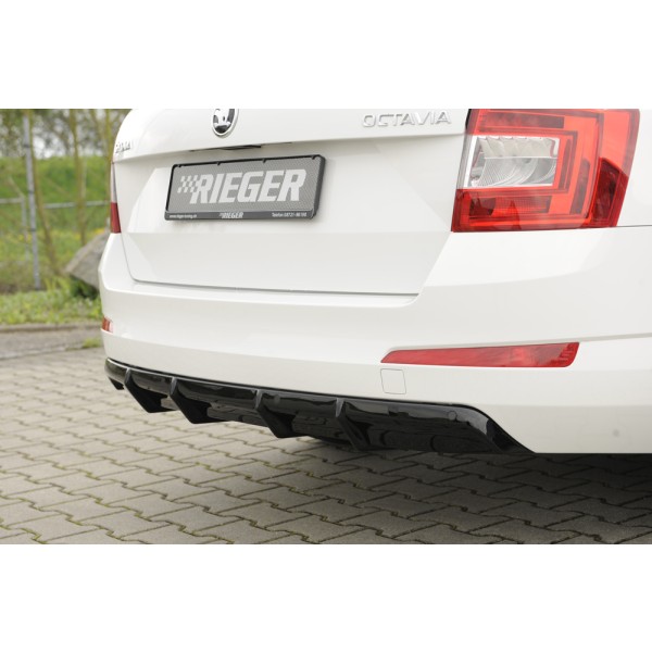 Rieger vložka zadního nárazníku pro Škoda Octavia 5E combi, sedan vč. faceliftu, plast ABS s povrchovou úpravou Carbon-Look, ABS plast: lakovaný do černé lesklé barvy, pro vozy: s parkovacím asistentem PDC