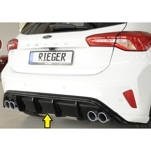 Rieger vložka zadního nárazníku pro Ford Focus 4 DEH, ST 5-dvéř. (hatchback), plast ABS lakovaný do černé lesklé barvy, pro dvojité koncovky na obou stranách 4x80 mm