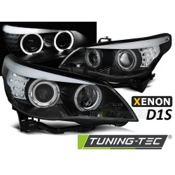 BMW E60/E61 2005-2007 - přední xenonová D1S světla s angel eyes ČERNÁ