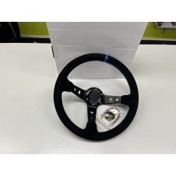 Sportovní tříramenný volant černý s modrým prošitím s logem