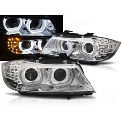 BMW E90/E91 09-11 - přední chrom světla s ANGEL EYES 3D s LED blikačem pro xenon