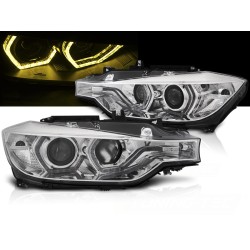 BMW F30/F31 11-15 - Přední chromová světla ANGEL EYES s žlutým LED DRL