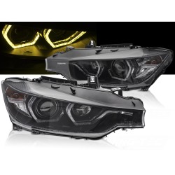 BMW F30/F31 11-15 - Přední černá světla ANGEL EYES s žlutým LED DRL