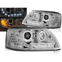 VW T5 03-09 - přední chrom světla s LED svícením a LED blinkrem