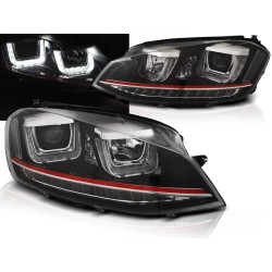VW GOLF 7 12-17 - přední černá světla s LED denním svícením U-TYPE a dynamickým blinkrem a červenou linkou