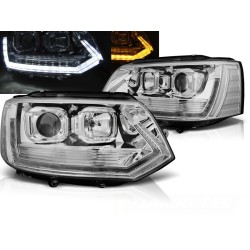 VW T5 10-15 - přední chrom světla s LED denním svícením a dynamickým blinkrem T6 look